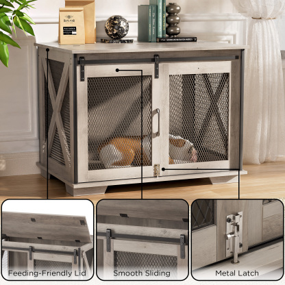 37" Wooden Dog Crate Furniture for Small Medium Dogs, Indoor Heavy Duty Dog Kennel with Sliding Door & Divider, Flip-top Dog Cage TV Stand Table Gray Wash