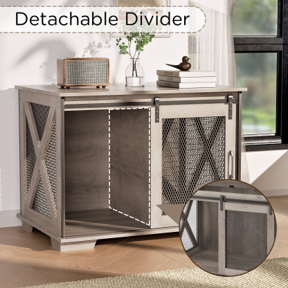 37" Wooden Dog Crate Furniture for Small Medium Dogs, Indoor Heavy Duty Dog Kennel with Sliding Door & Divider, Flip-top Dog Cage TV Stand Table Gray Wash