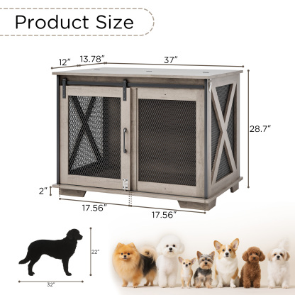 37" Wooden Dog Crate Furniture for Small Medium Dogs, Indoor Heavy Duty Dog Kennel with Sliding Door & Divider, Flip-top Dog Cage TV Stand Table Gray Wash