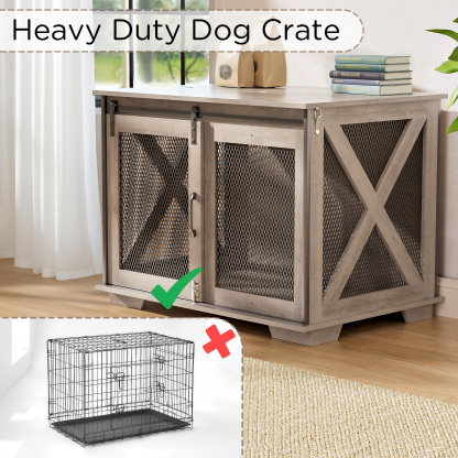 37" Wooden Dog Crate Furniture for Small Medium Dogs, Indoor Heavy Duty Dog Kennel with Sliding Door & Divider, Flip-top Dog Cage TV Stand Table Gray Wash