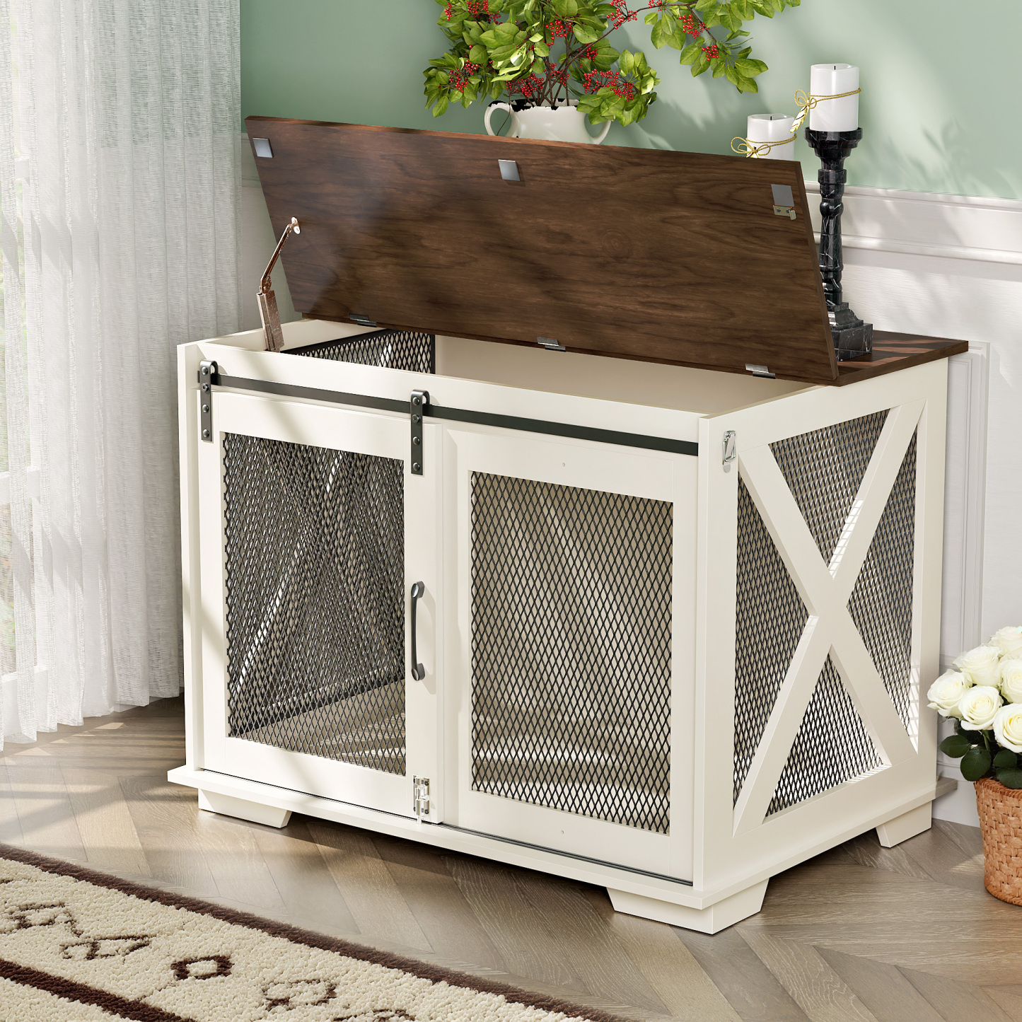 37" Wooden Dog Crate Furniture for Small Medium Dogs, Indoor Heavy Duty Dog Kennel with Sliding Door & Divider, Flip-top Dog Cage TV Stand Table Gray Wash