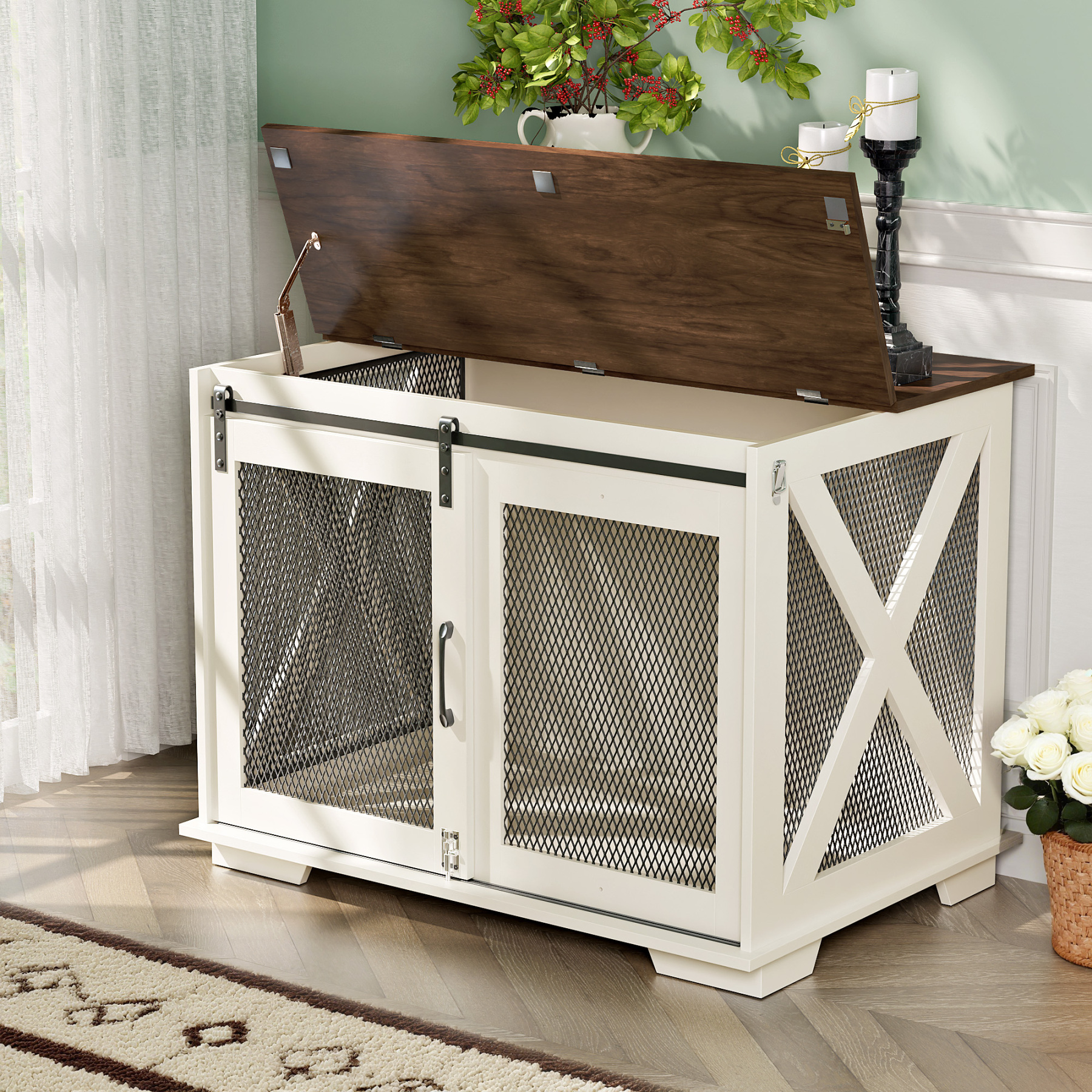 37" Wooden Dog Crate Furniture for Small Medium Dogs, Indoor Heavy Duty Dog Kennel with Sliding Door & Divider, Flip-top Dog Cage TV Stand Table Gray Wash