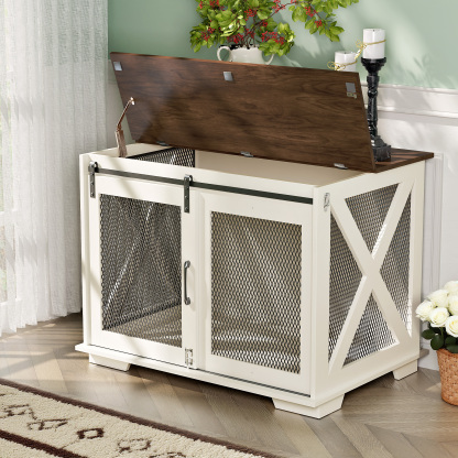 37" Wooden Dog Crate Furniture for Small Medium Dogs, Indoor Heavy Duty Dog Kennel with Sliding Door & Divider, Flip-top Dog Cage TV Stand Table Gray Wash