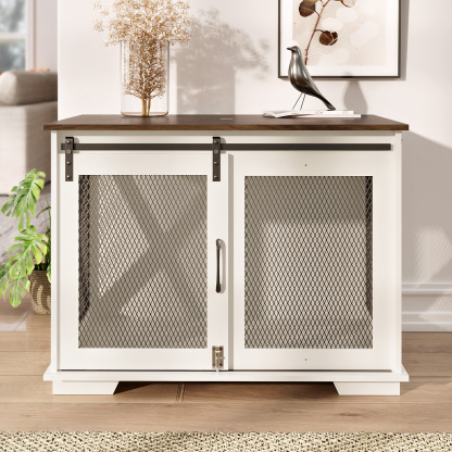 37" Wooden Dog Crate Furniture for Small Medium Dogs, Indoor Heavy Duty Dog Kennel with Sliding Door & Divider, Flip-top Dog Cage TV Stand Table Gray Wash