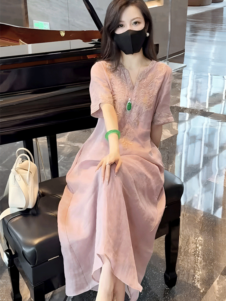 High-end ramie embroidered dress