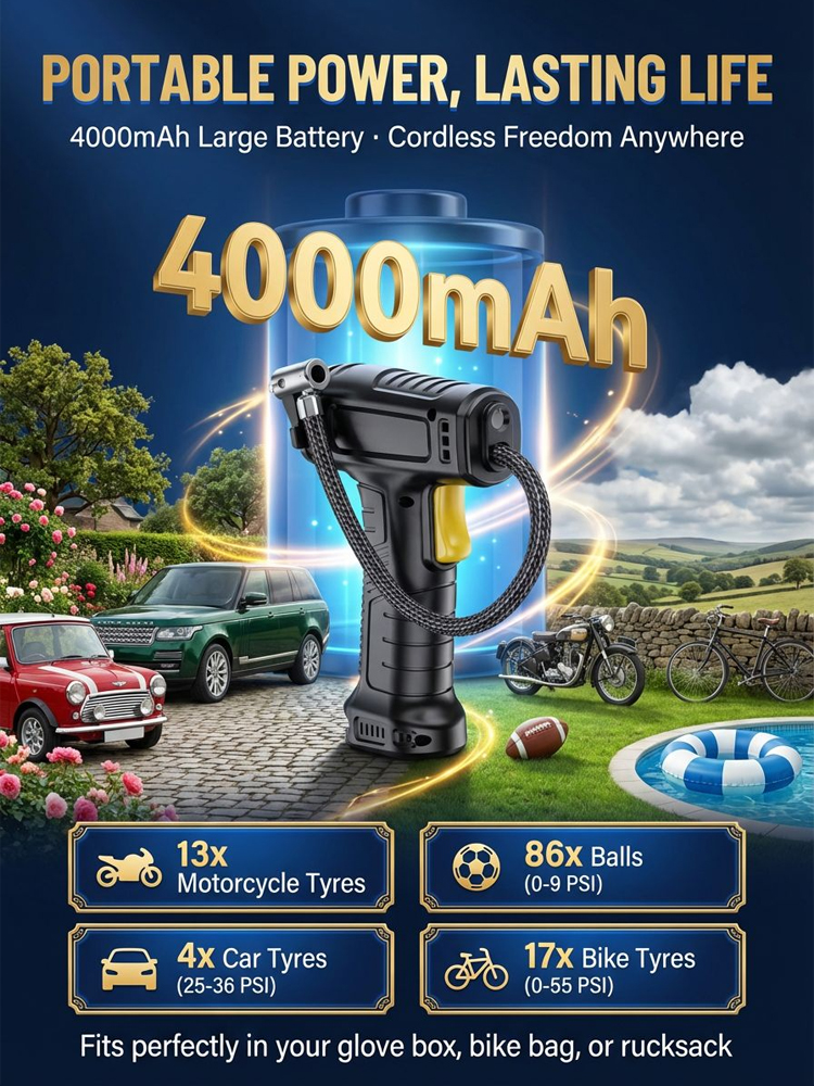 Ultra-fast wireless air pump anytime, anywhere⚡ Reaches 36 PSI in 37 seconds; completes top-up in just 1 minute—powered by a robust pure copper motor
