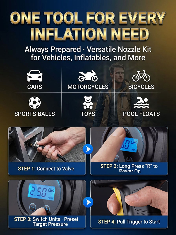Ultra-fast wireless air pump anytime, anywhere⚡ Reaches 36 PSI in 37 seconds; completes top-up in just 1 minute—powered by a robust pure copper motor