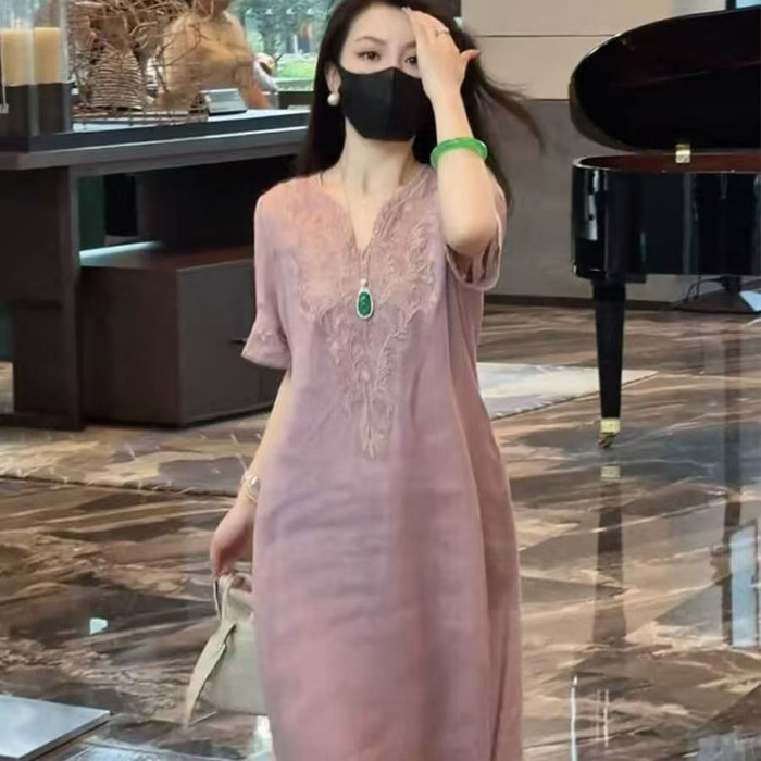 High-end ramie embroidered dress