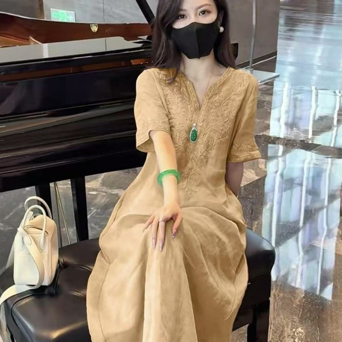 High-end ramie embroidered dress
