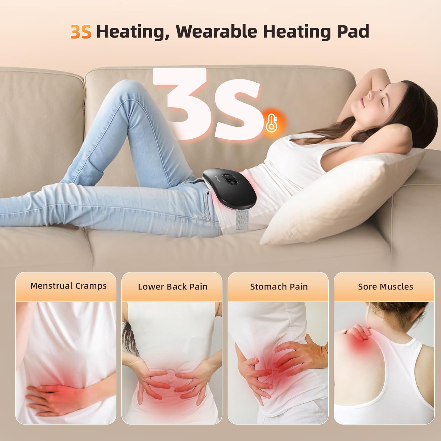 COSYGLOW Portable Cordless Heating Pad Cramps: 6 Heat Levels and 6 Massage Modes,3S Fast Heating,Period Menstrual Electric Heating Pad,Gifts for Women 961S-Black