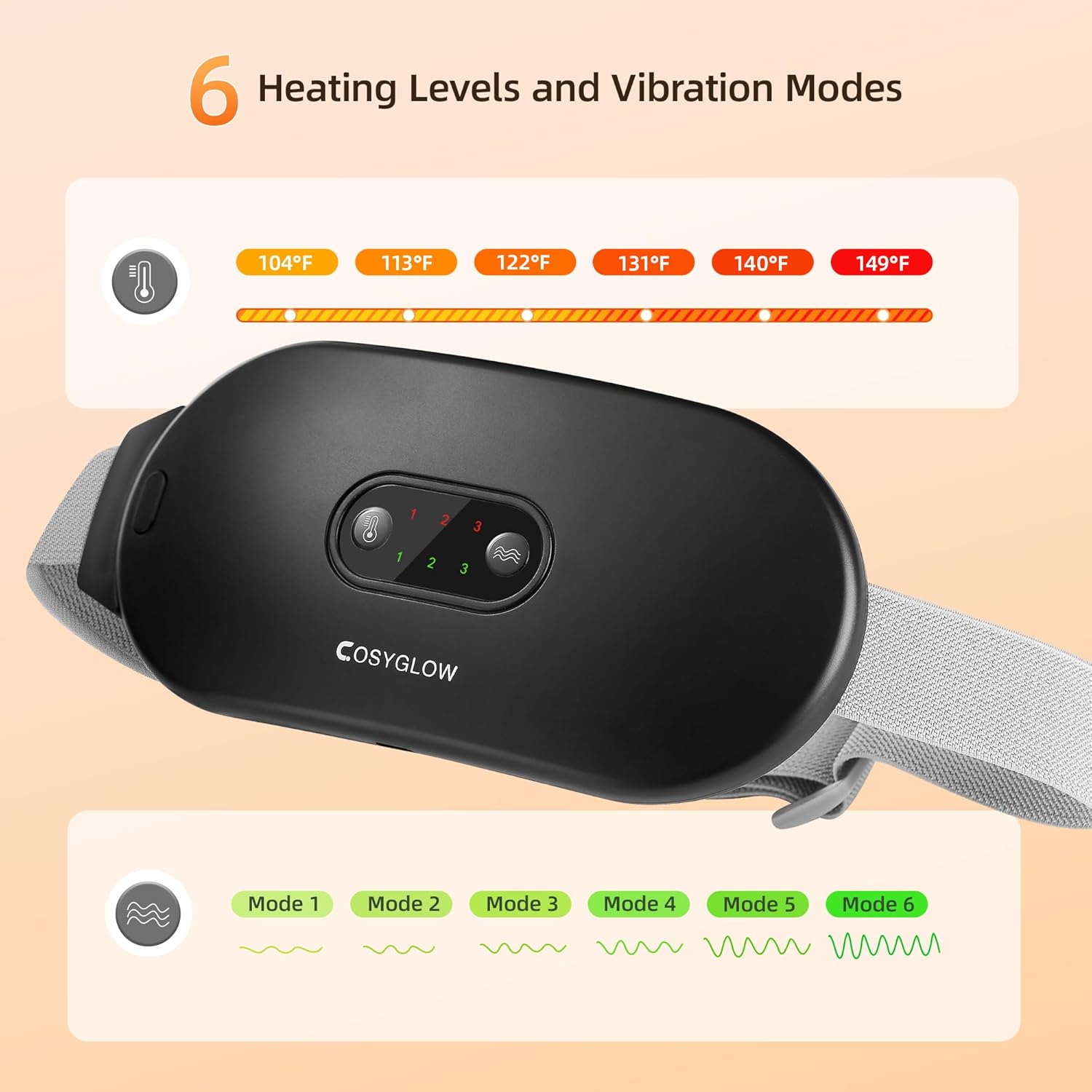 COSYGLOW Portable Cordless Heating Pad Cramps: 6 Heat Levels and 6 Massage Modes,3S Fast Heating,Period Menstrual Electric Heating Pad,Gifts for Women 961S-Black