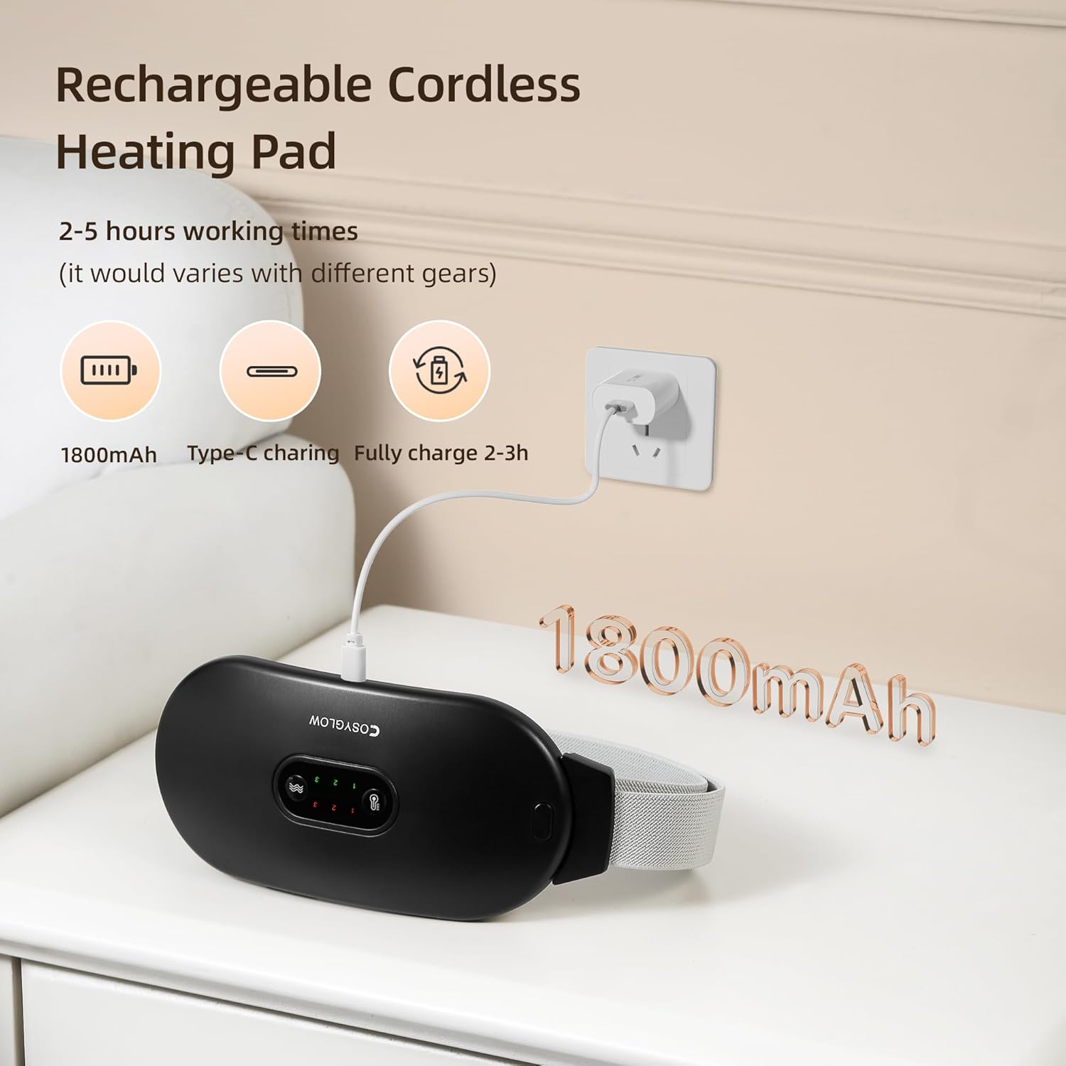 COSYGLOW Portable Cordless Heating Pad Cramps: 6 Heat Levels and 6 Massage Modes,3S Fast Heating,Period Menstrual Electric Heating Pad,Gifts for Women 961S-Black