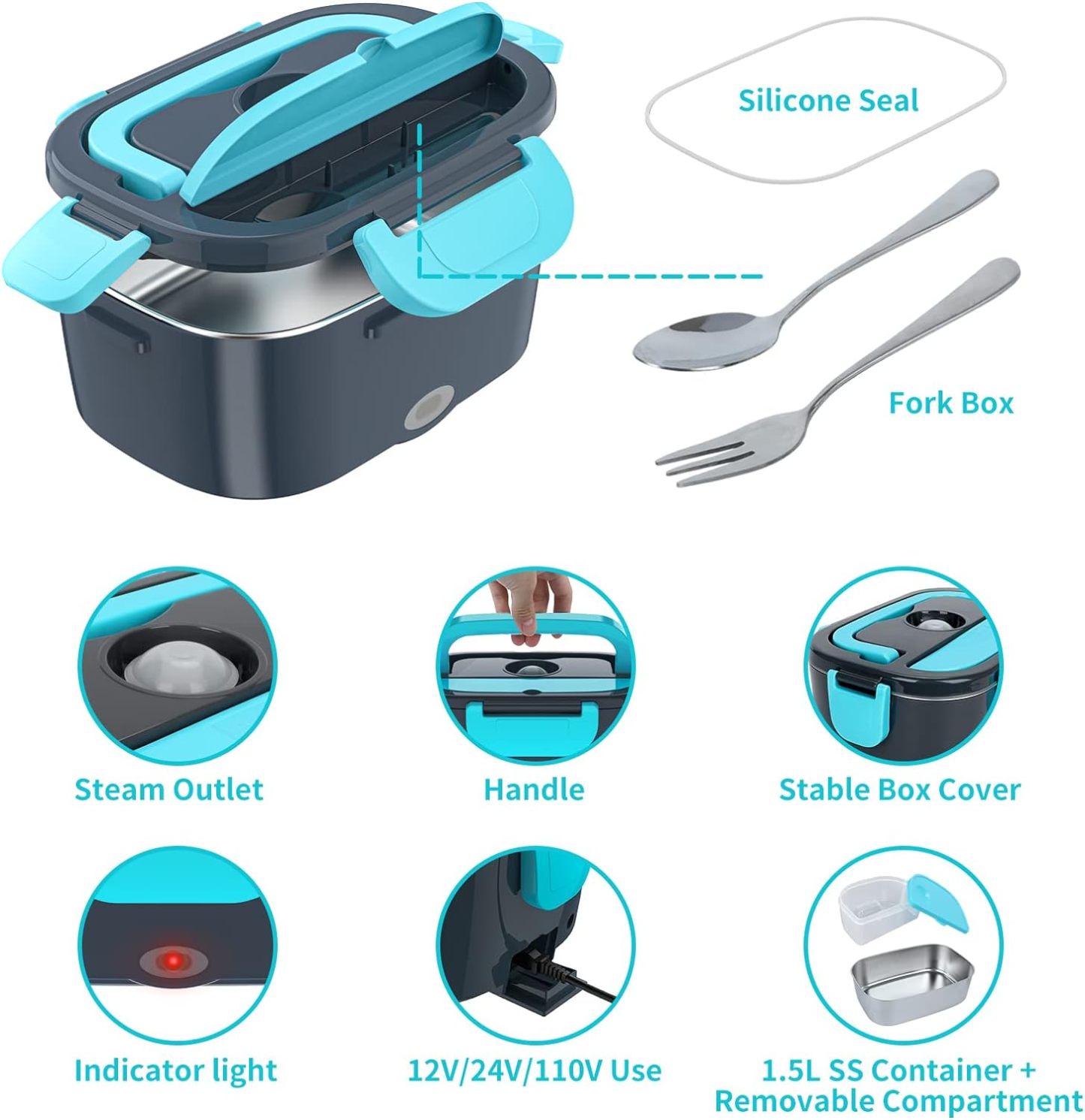 Electric Lunch Box Food Warmer Heater 12V 24V 110V Faster Heated Lunch Box for Car/Truck/Home Portable Heating Boxes with 1.5L 304 SS Container Fork & Spoon