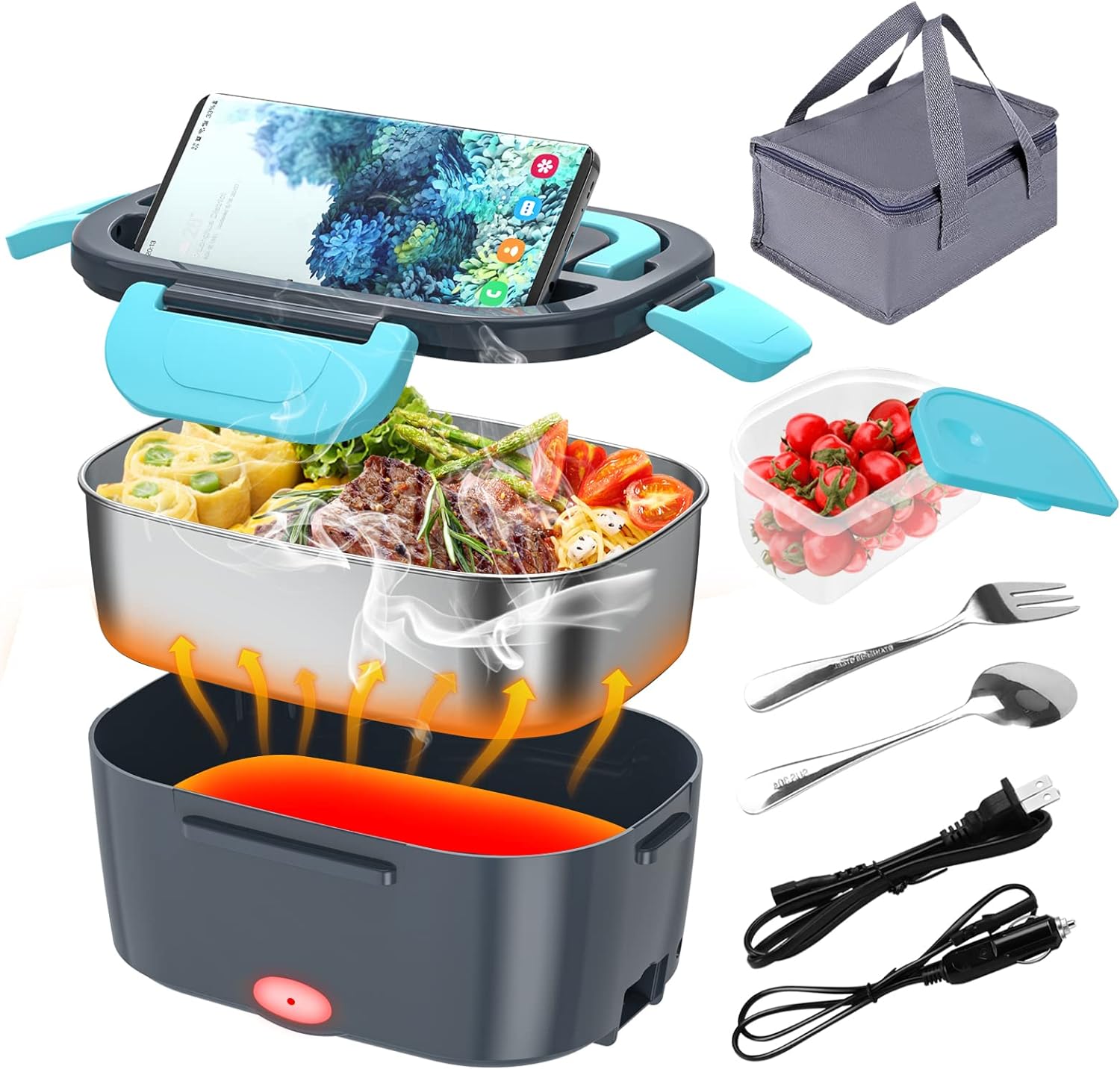Electric Lunch Box Food Warmer Heater 12V 24V 110V Faster Heated Lunch Box for Car/Truck/Home Portable Heating Boxes with 1.5L 304 SS Container Fork & Spoon