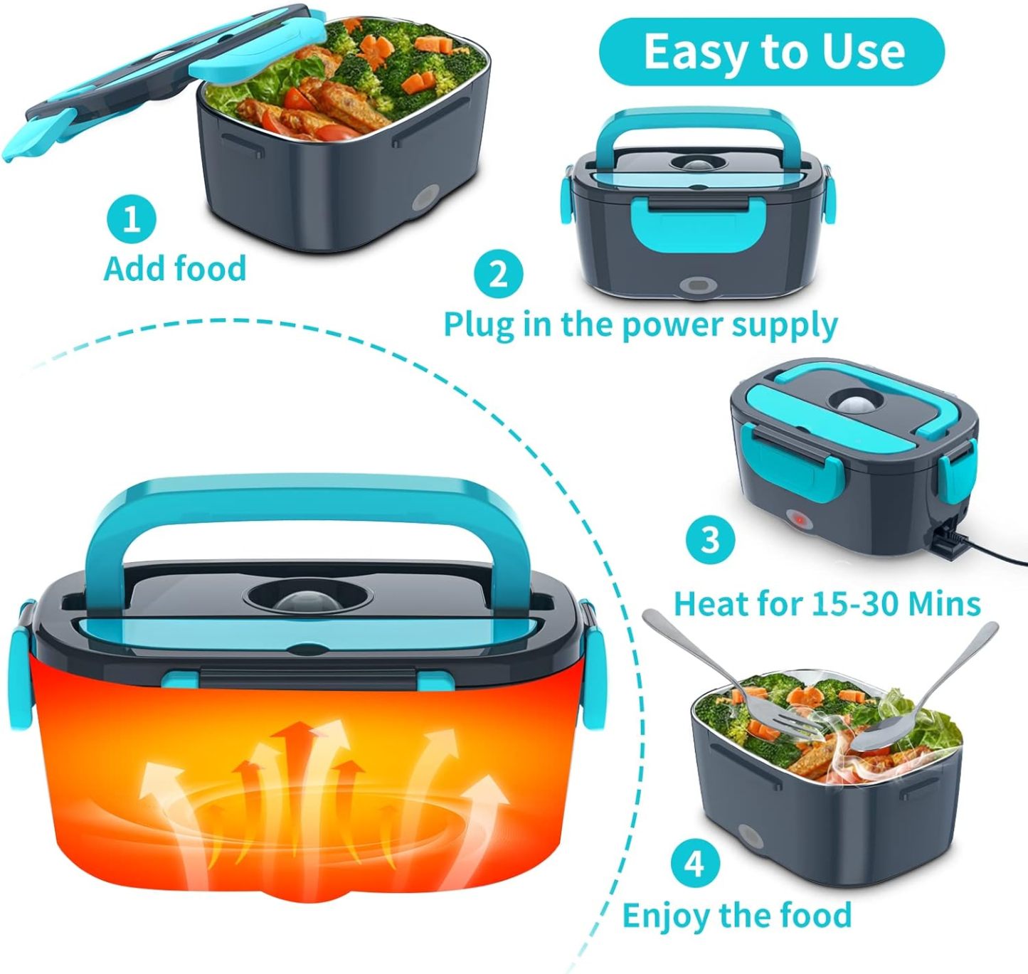 Electric Lunch Box Food Warmer Heater 12V 24V 110V Faster Heated Lunch Box for Car/Truck/Home Portable Heating Boxes with 1.5L 304 SS Container Fork & Spoon