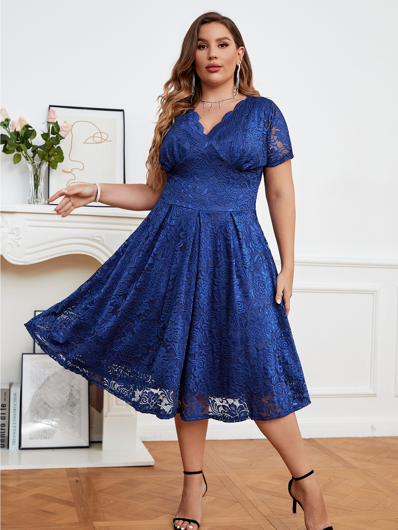 See Through Floral Lace Prom Skirt High Waisted V Neck Cocktail Dress Floaty Short Sleeve 1949S Dress
