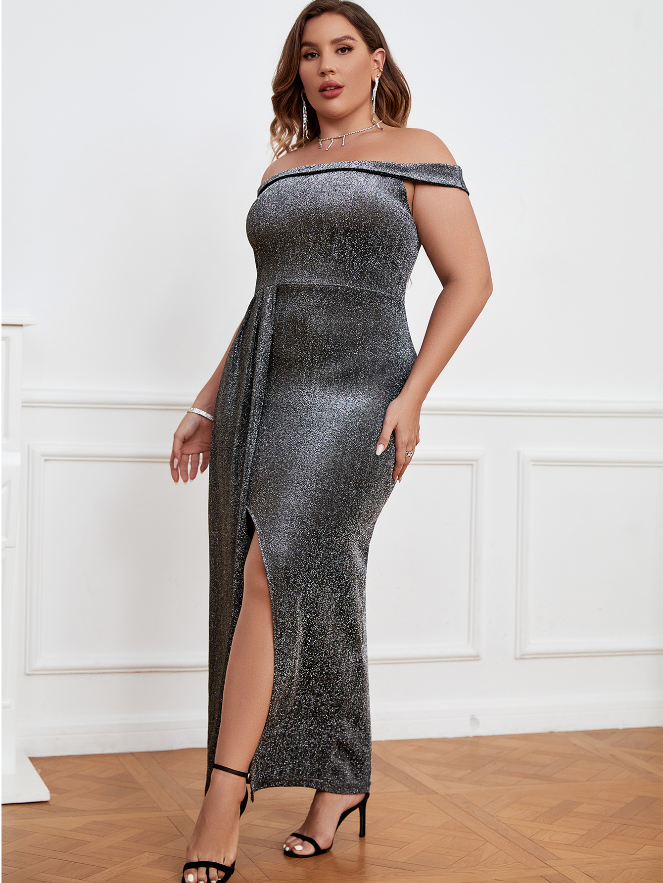Women's Off The Shoulder Sparkly Sequin Maxi Dress Sexy Elegant Formal Evening Prom Party Dresses with Slit