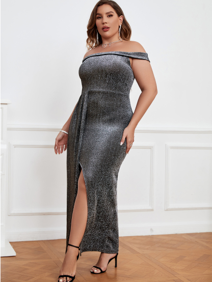 Women's Off The Shoulder Sparkly Sequin Maxi Dress Sexy Elegant Formal Evening Prom Party Dresses with Slit