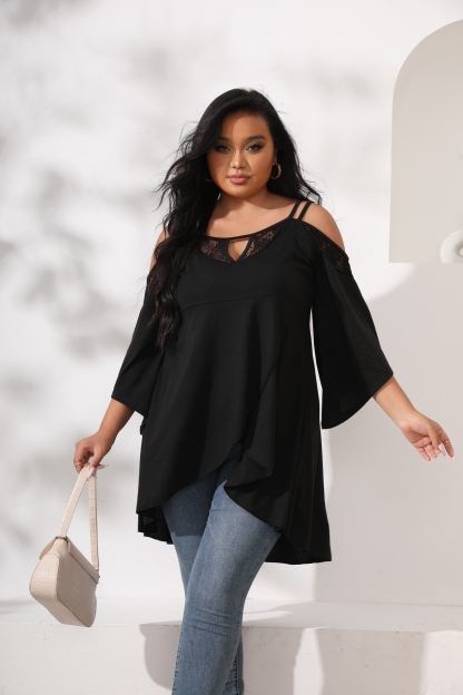 Women's Plus Size Cut Out Cold Shoulder Long Sleeve Asymmetrical Hem Tee Shirts