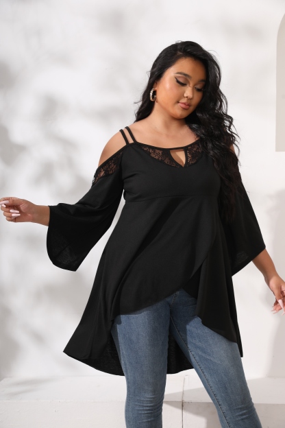 Women's Plus Size Cut Out Cold Shoulder Long Sleeve Asymmetrical Hem Tee Shirts