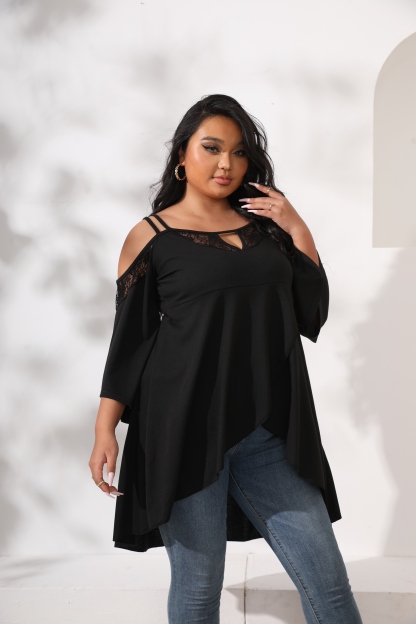 Women's Plus Size Cut Out Cold Shoulder Long Sleeve Asymmetrical Hem Tee Shirts