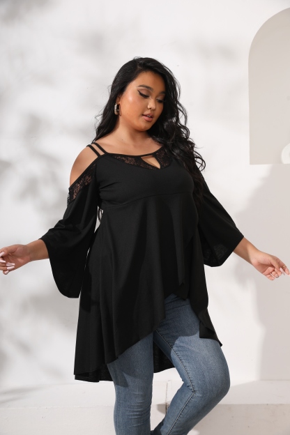 Women's Plus Size Cut Out Cold Shoulder Long Sleeve Asymmetrical Hem Tee Shirts