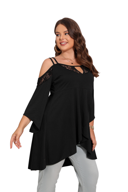  Women's Plus Size Cut Out Cold Shoulder Long Sleeve Asymmetrical Hem Tee Shirts