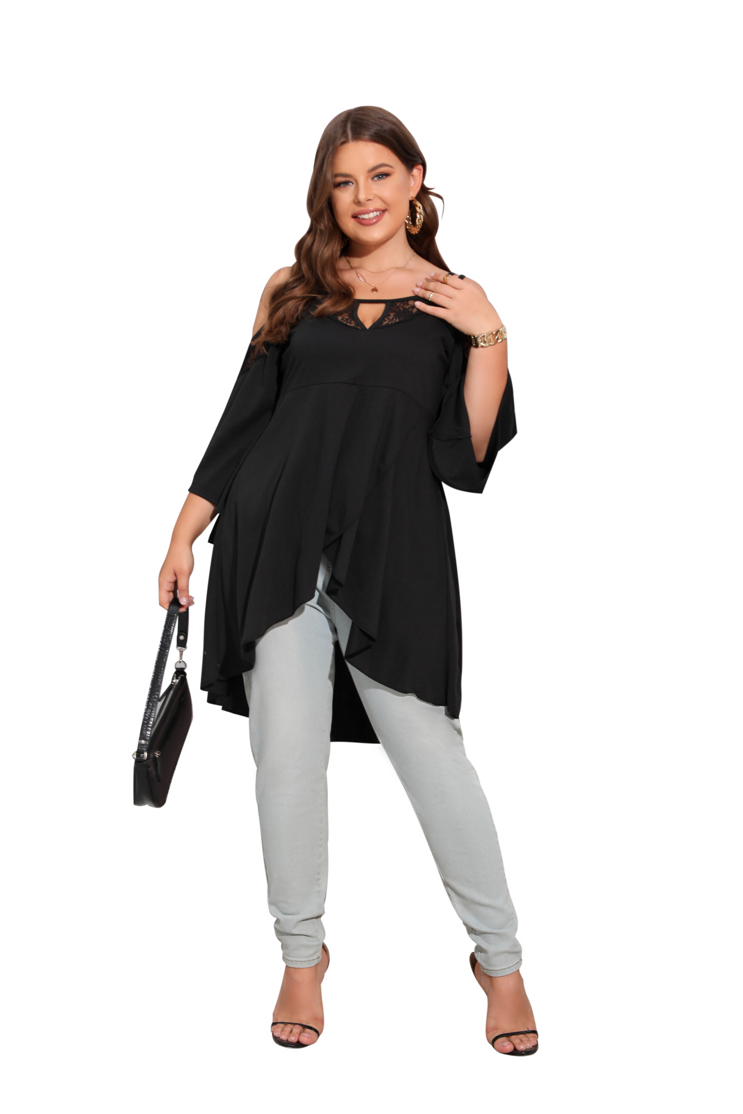  Women's Plus Size Cut Out Cold Shoulder Long Sleeve Asymmetrical Hem Tee Shirts