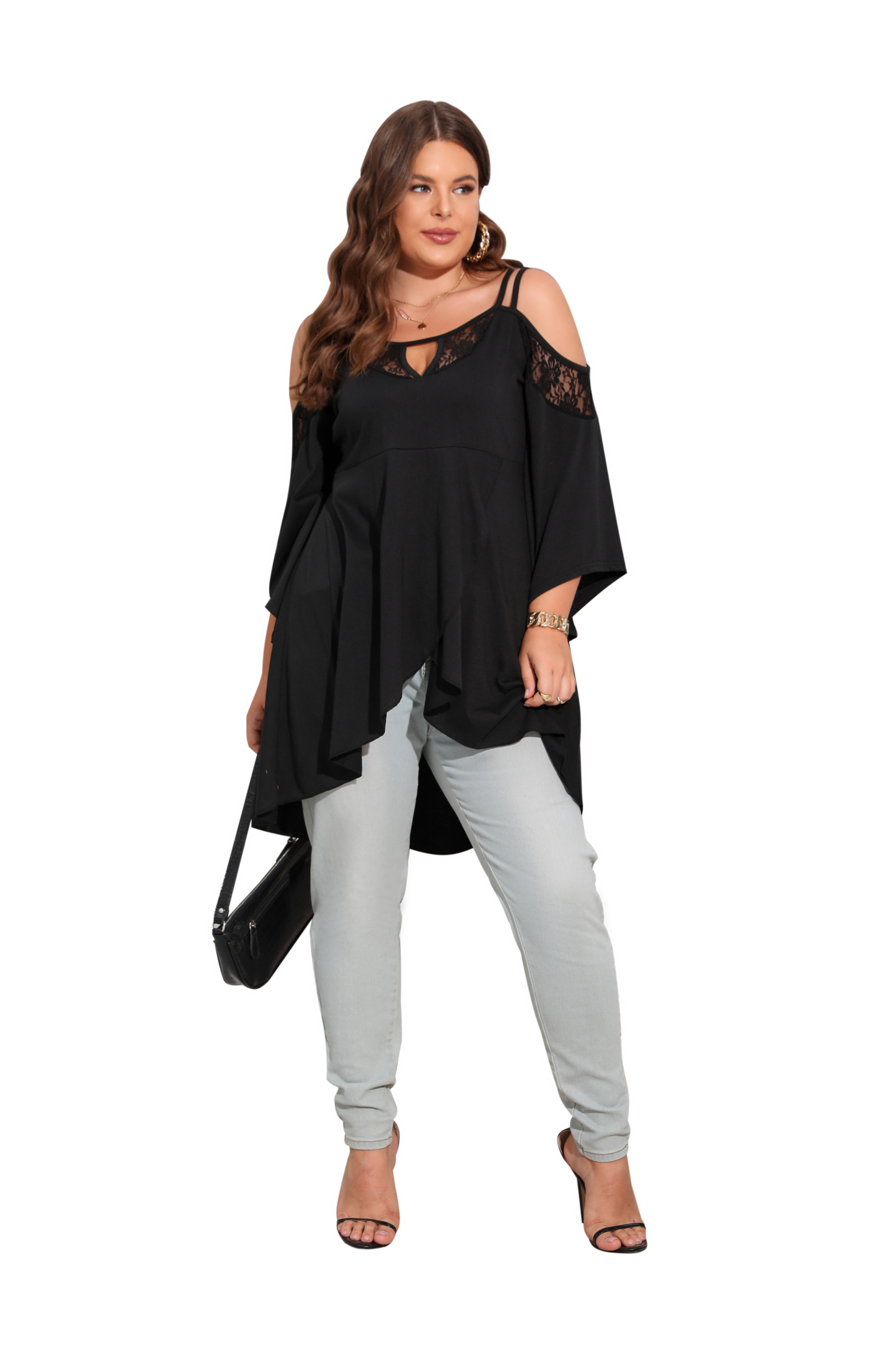  Women's Plus Size Cut Out Cold Shoulder Long Sleeve Asymmetrical Hem Tee Shirts