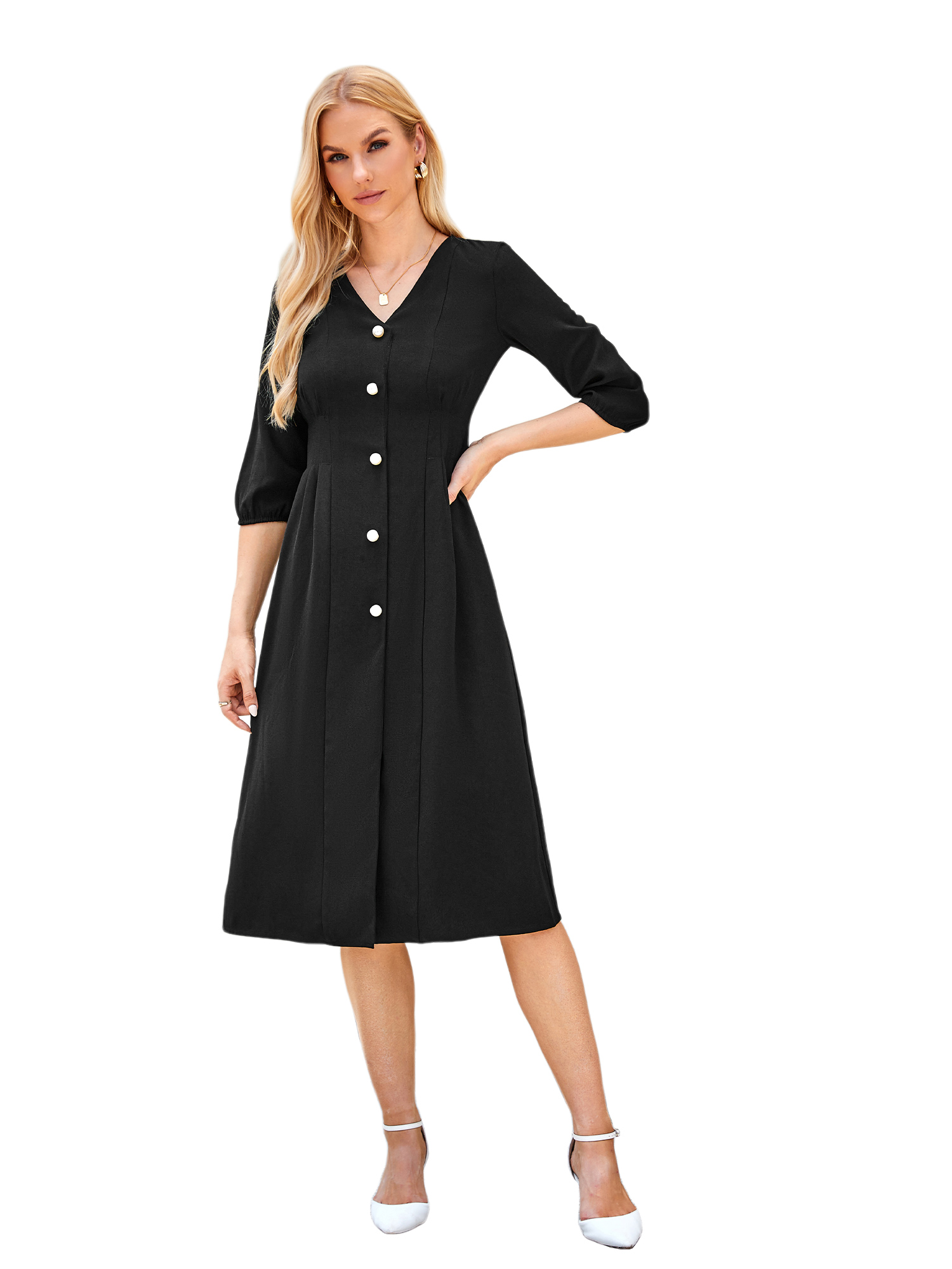 LAPA Women's Elegant V-Neck Midi Dress Party Dress Half Sleeve A-Line Dress