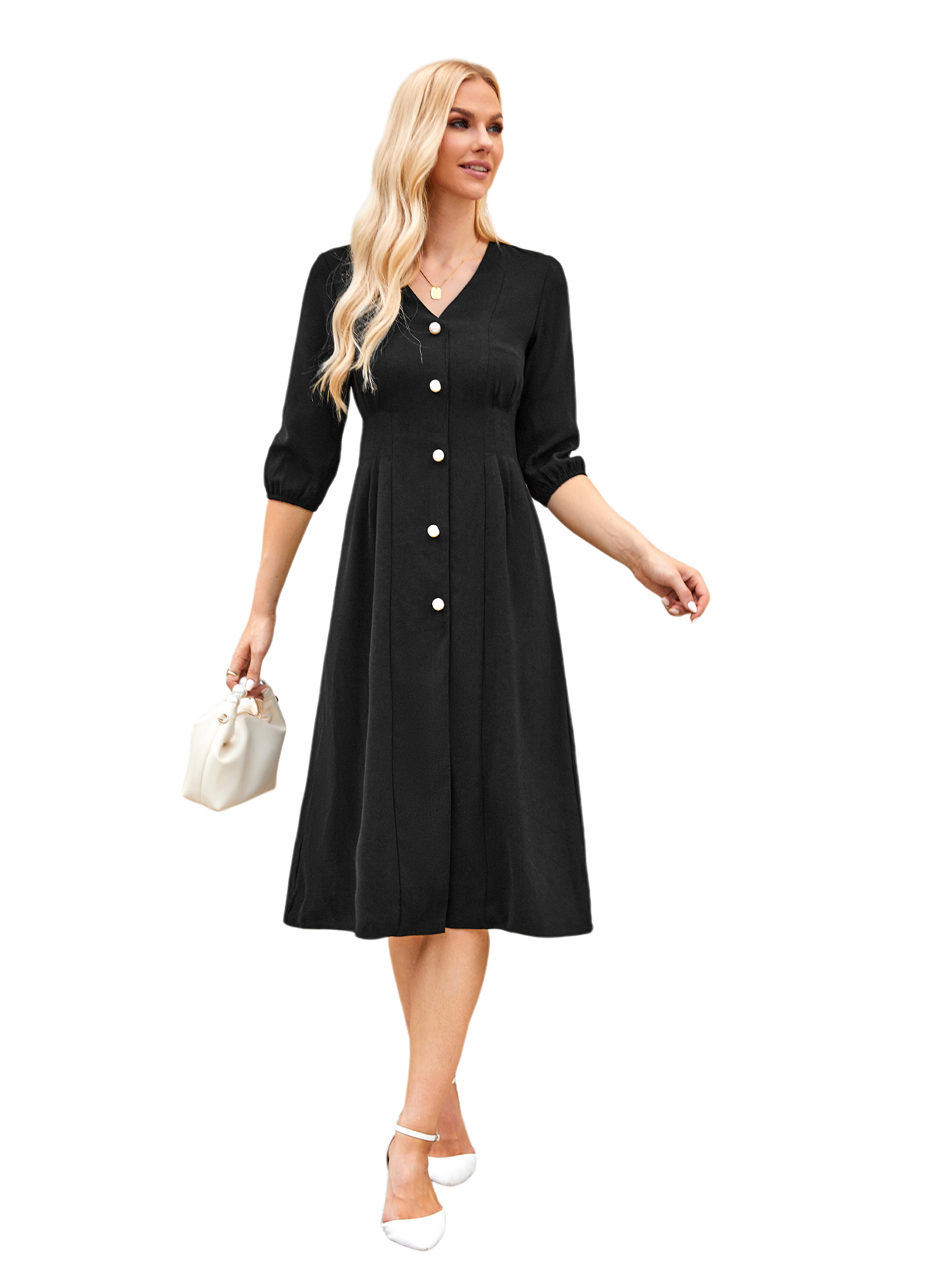 LAPA Women's Elegant V-Neck Midi Dress Party Dress Half Sleeve A-Line Dress