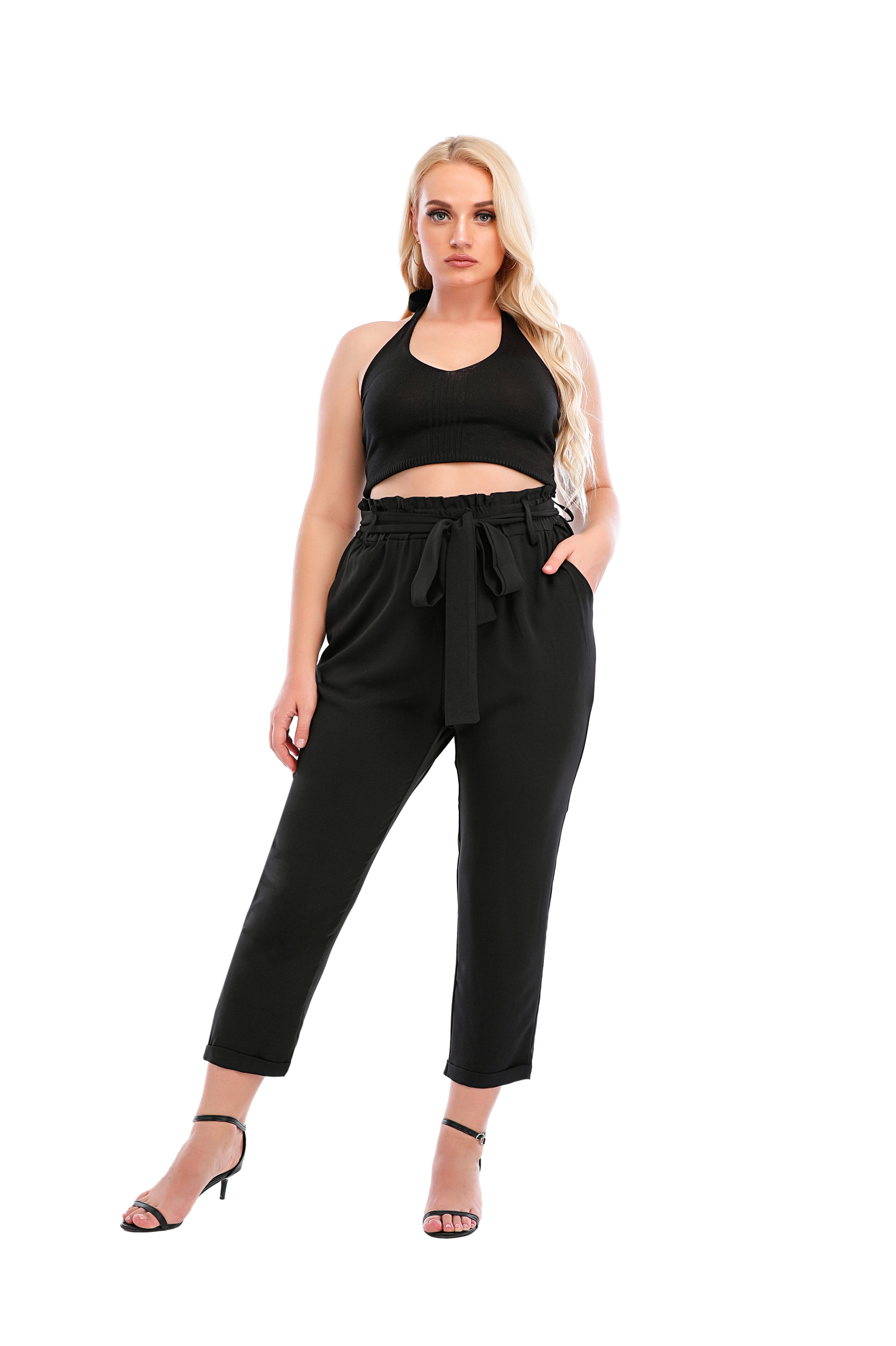  Women's Cropped Paper Bag Waist Pants with Pockets