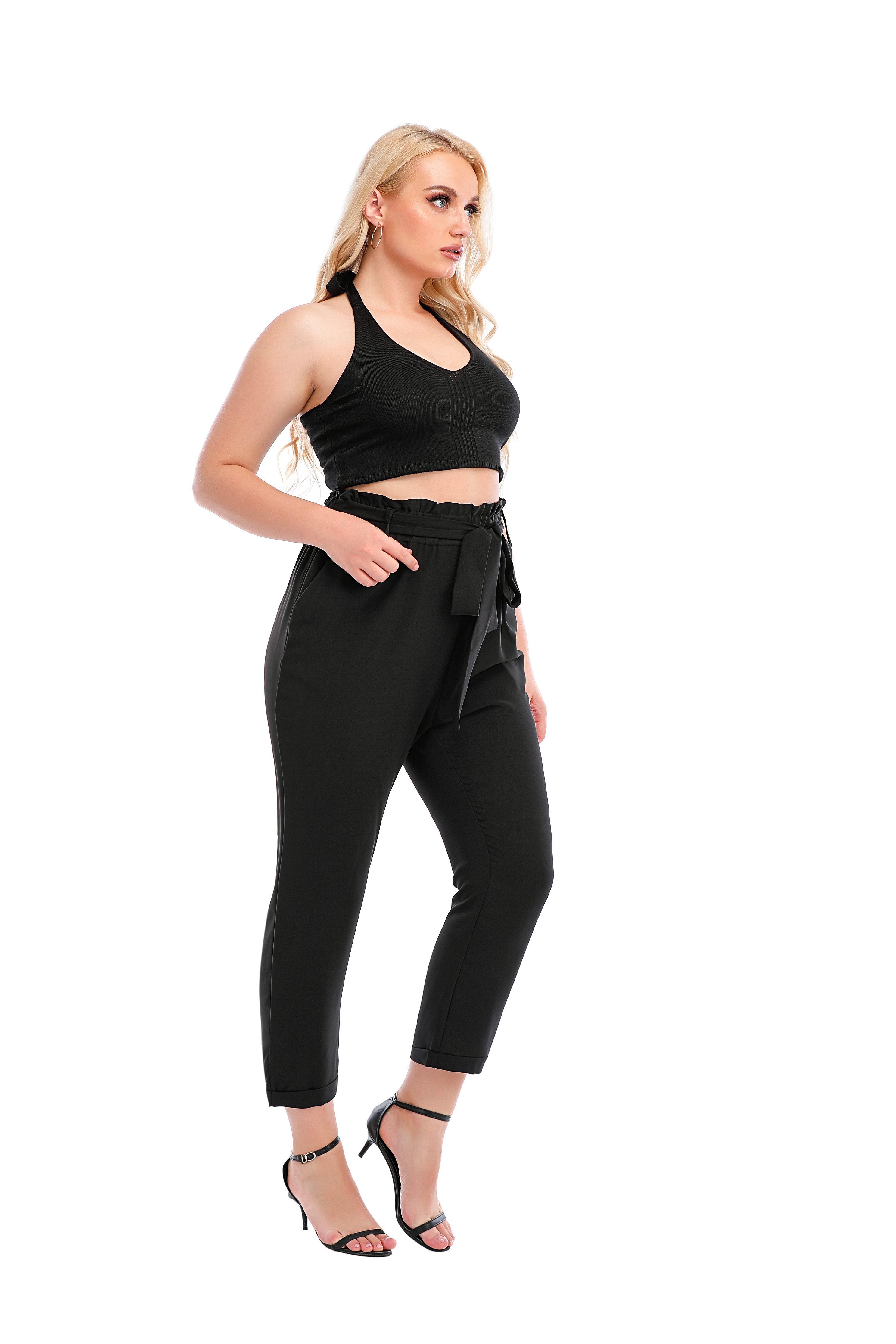  Women's Cropped Paper Bag Waist Pants with Pockets