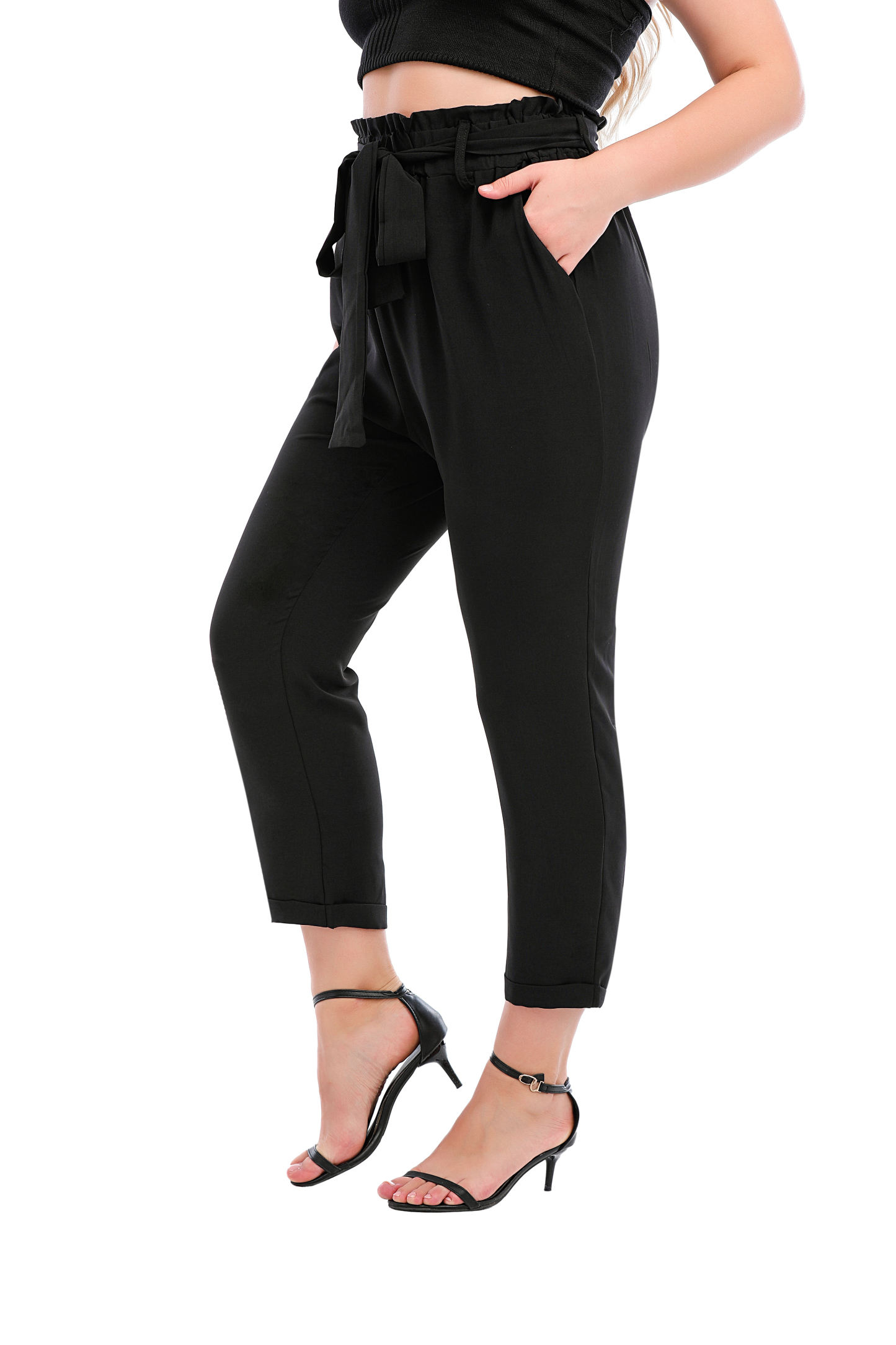  Women's Cropped Paper Bag Waist Pants with Pockets