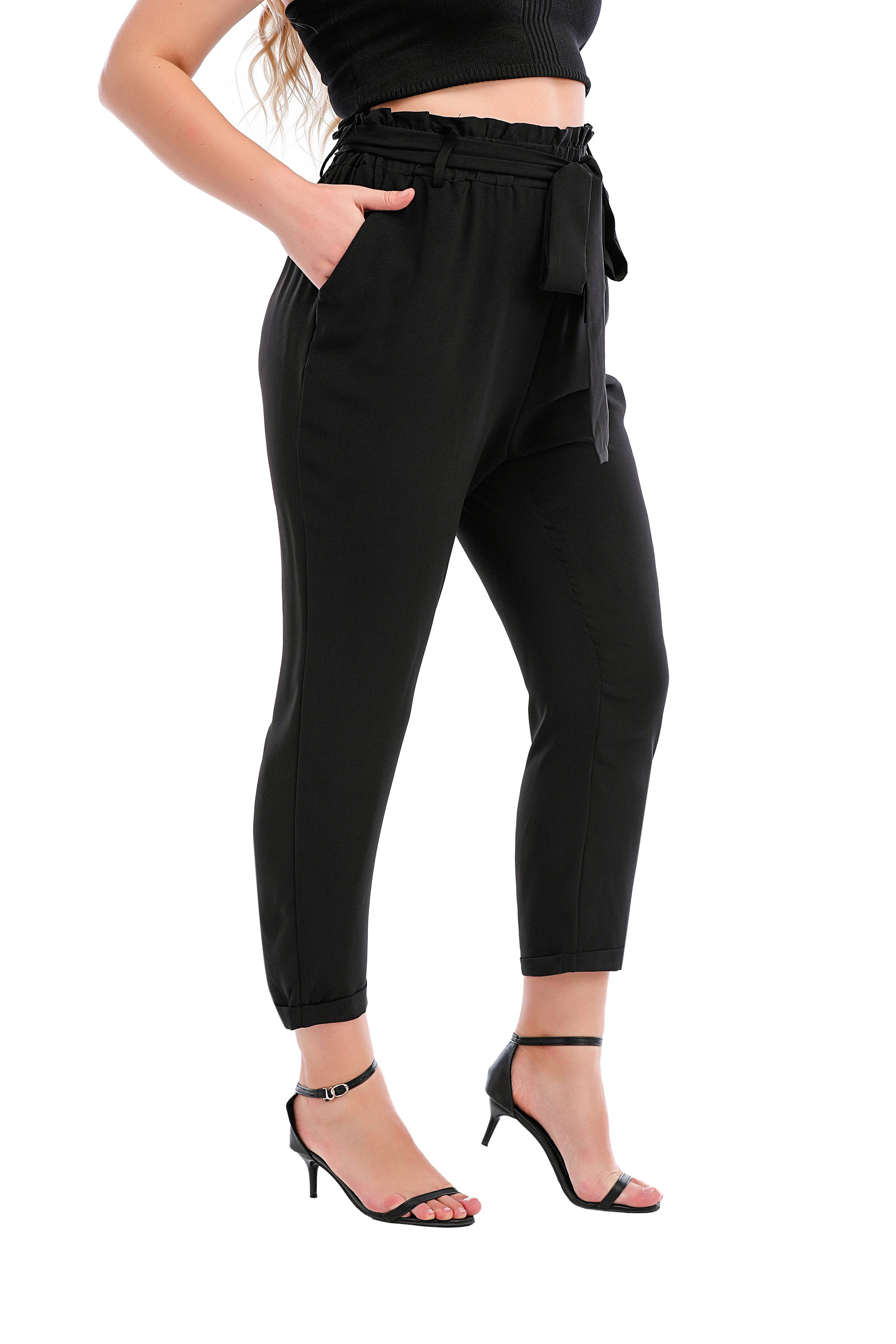  Women's Cropped Paper Bag Waist Pants with Pockets