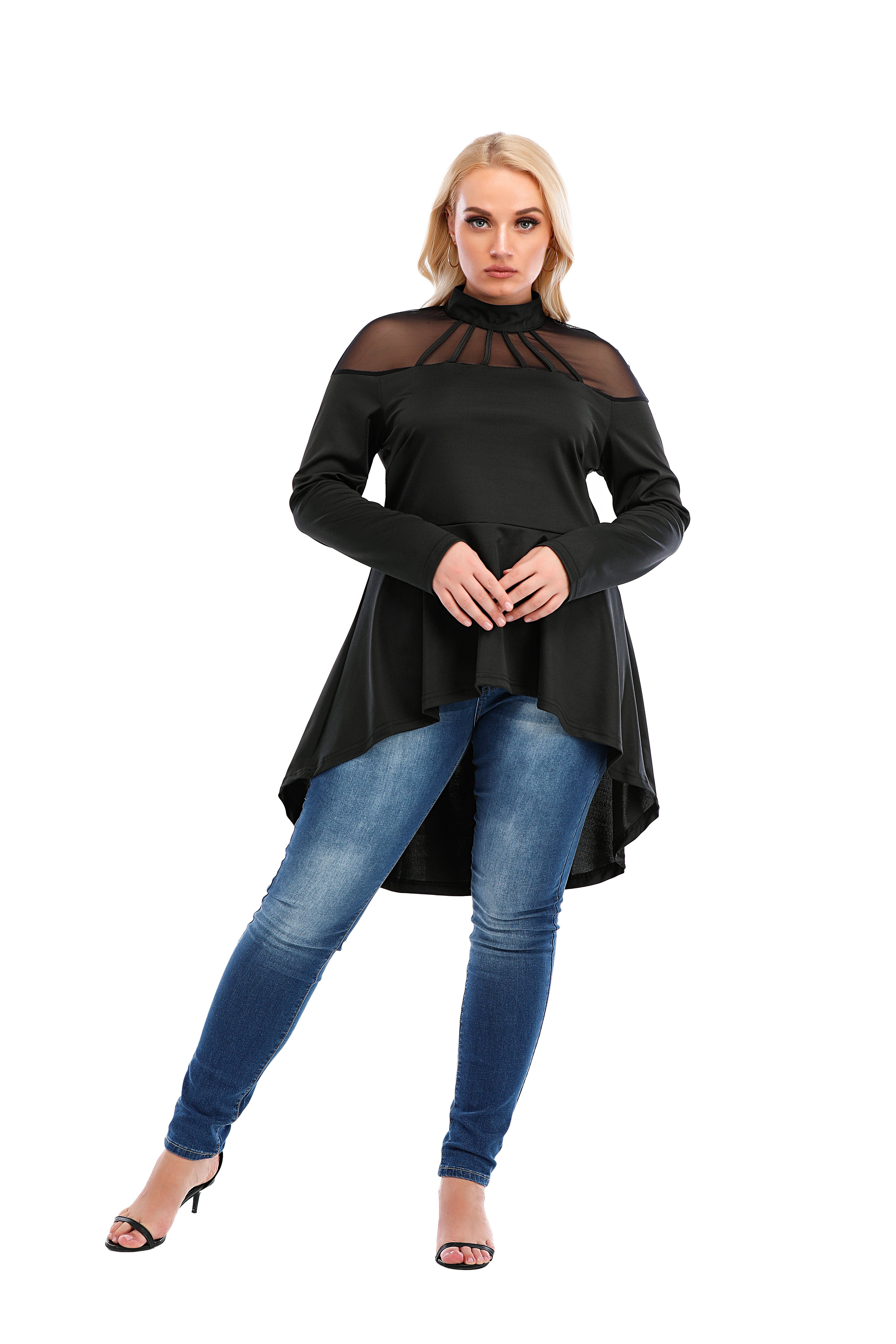 Women's Babydoll Tops Crew Neck Long Sleeve Shirts Ruffled Waist Tops Flowy Work Casual Shirts