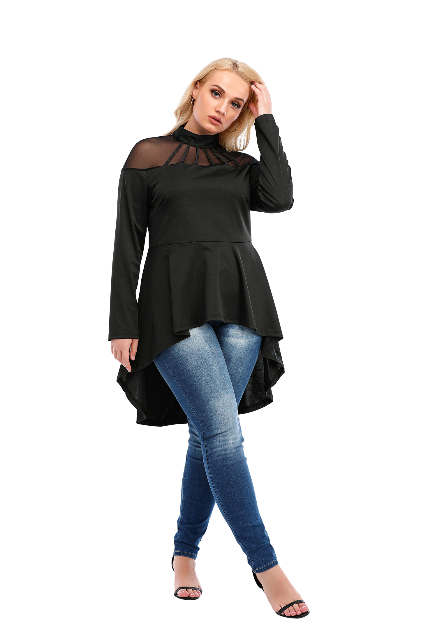 Women's Babydoll Tops Crew Neck Long Sleeve Shirts Ruffled Waist Tops Flowy Work Casual Shirts