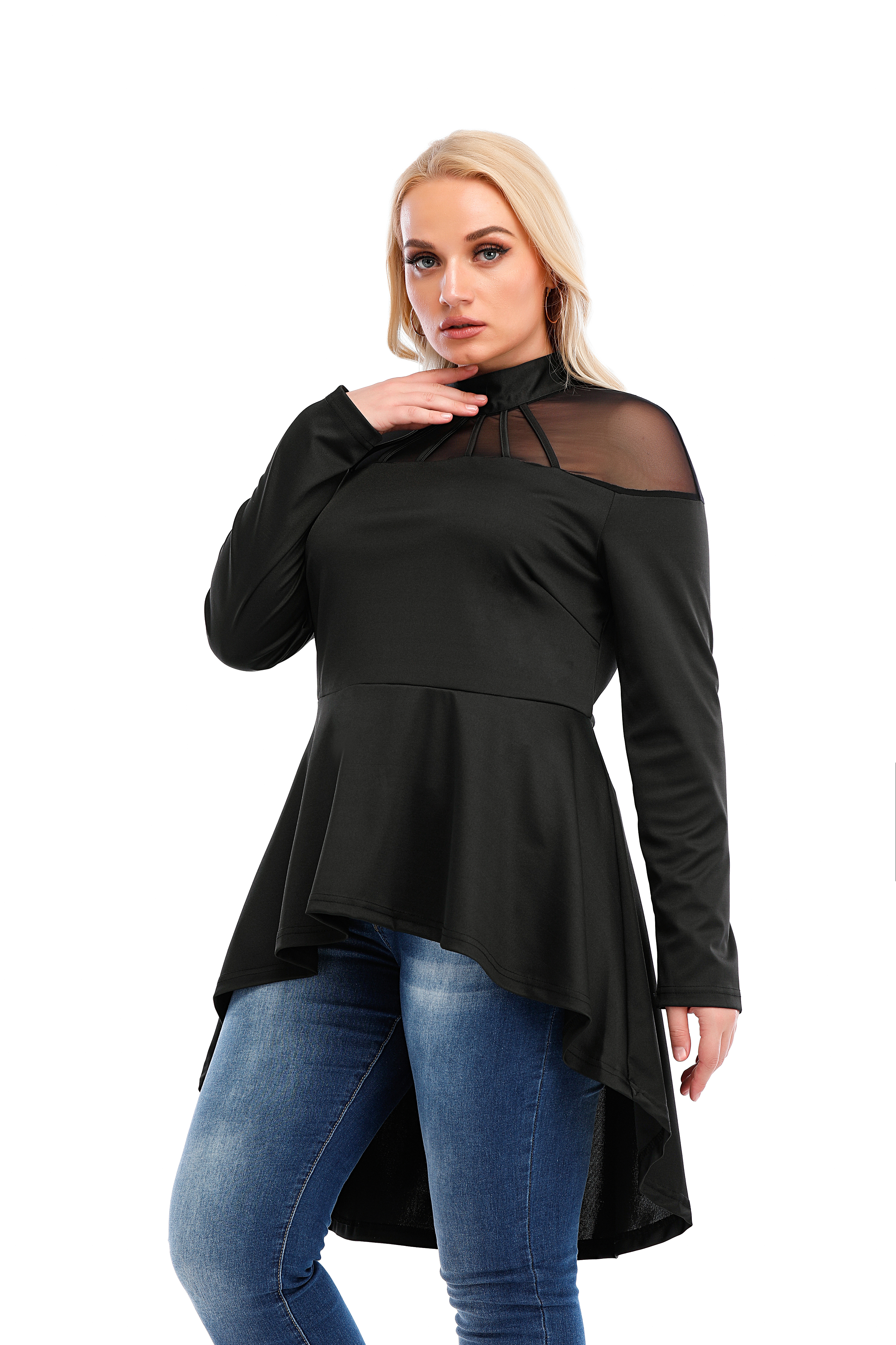 Women's Babydoll Tops Crew Neck Long Sleeve Shirts Ruffled Waist Tops Flowy Work Casual Shirts