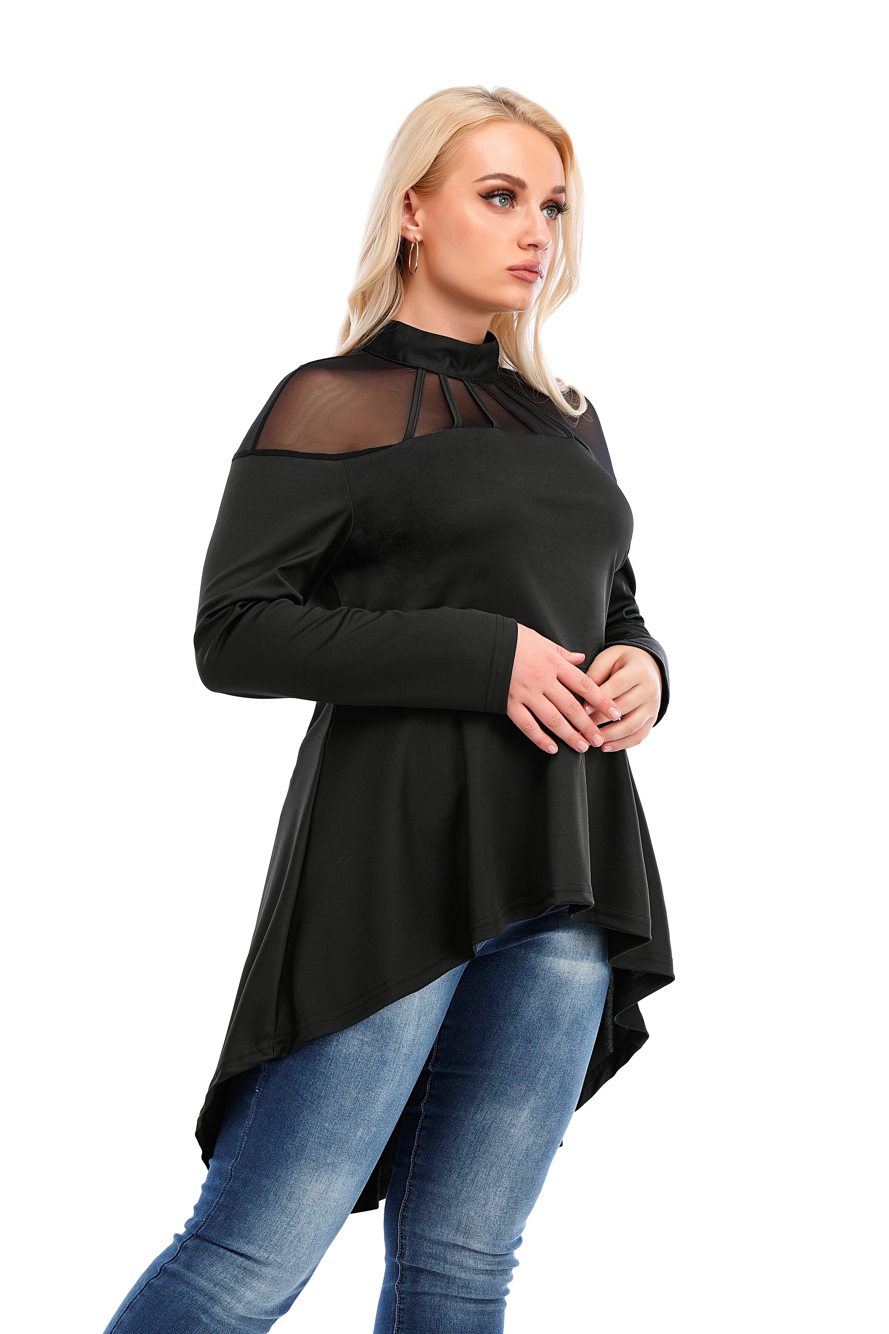 Women's Babydoll Tops Crew Neck Long Sleeve Shirts Ruffled Waist Tops Flowy Work Casual Shirts