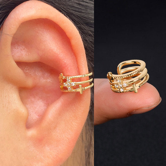 Hollow Geometry Rainbow CZ Cuff Wrap Clip On Earrings Women Girls Climber Ear Cartilage Bone Clips Fake Earring Non Piercing