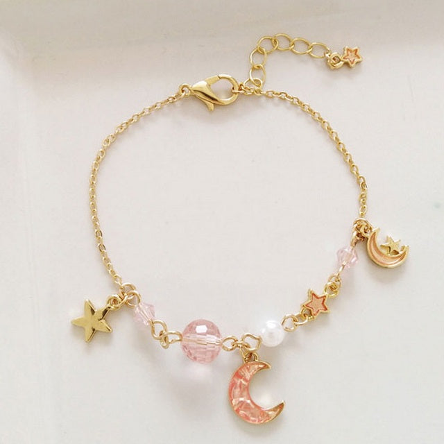 Star Moon Bracelet For Women Girls Fashion Pink Crystal Pearl Chain Bracelet Wholesale Designer Jewelry Party Gift