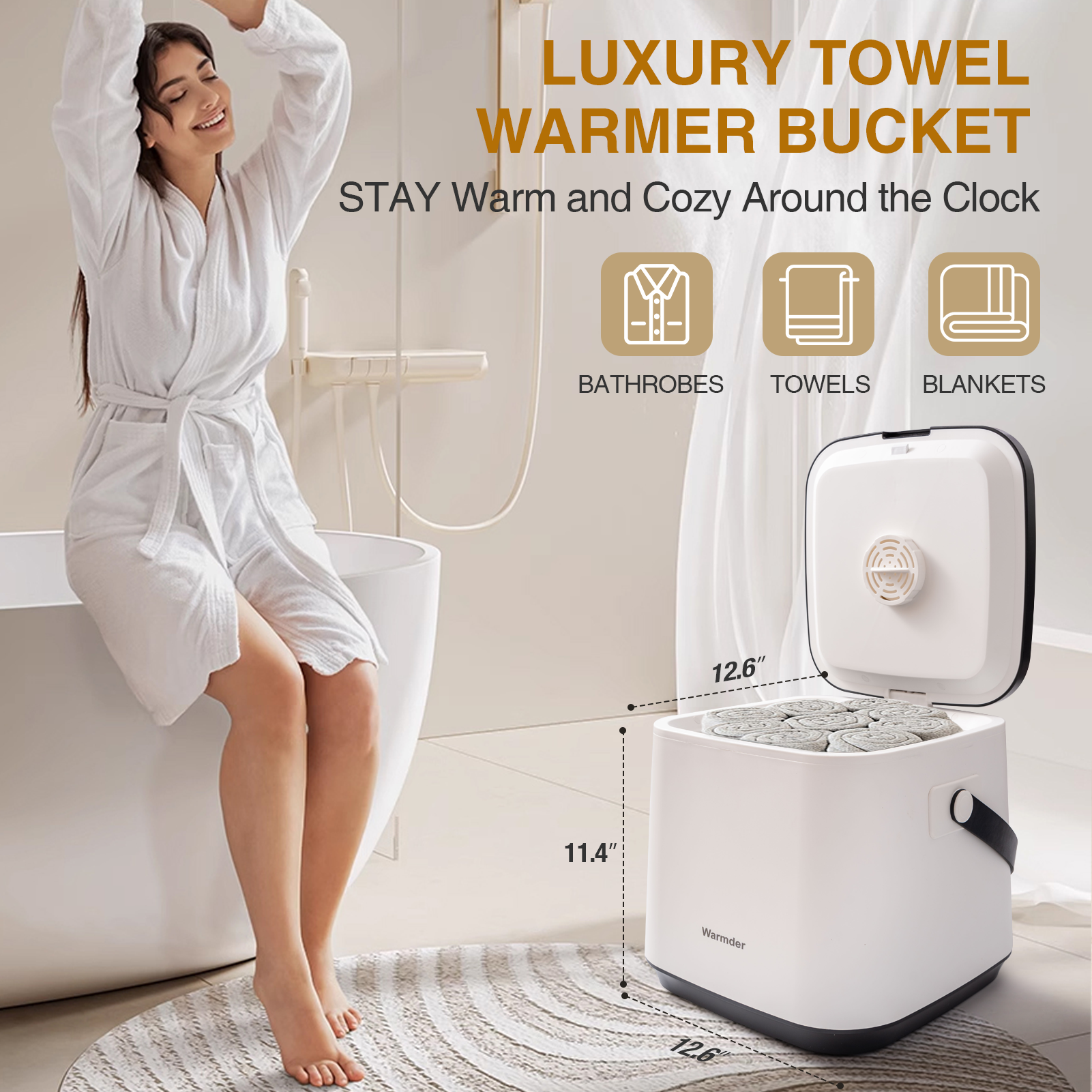 Warmder Towel Warmer Bucket, Towel Warmers for Bathroom with LED Display, Ajustable Timer, Child Lock, Delay Time Up to 24 Hours, Auto Shut-Off, Fits 40” x 70“ Towel, Blankets Bathrobes PJ's