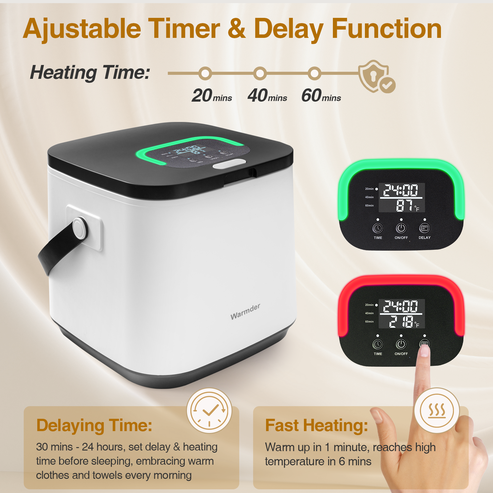 Warmder Towel Warmer Bucket, Towel Warmers for Bathroom with LED Display, Ajustable Timer, Child Lock, Delay Time Up to 24 Hours, Auto Shut-Off, Fits 40” x 70“ Towel, Blankets Bathrobes PJ's