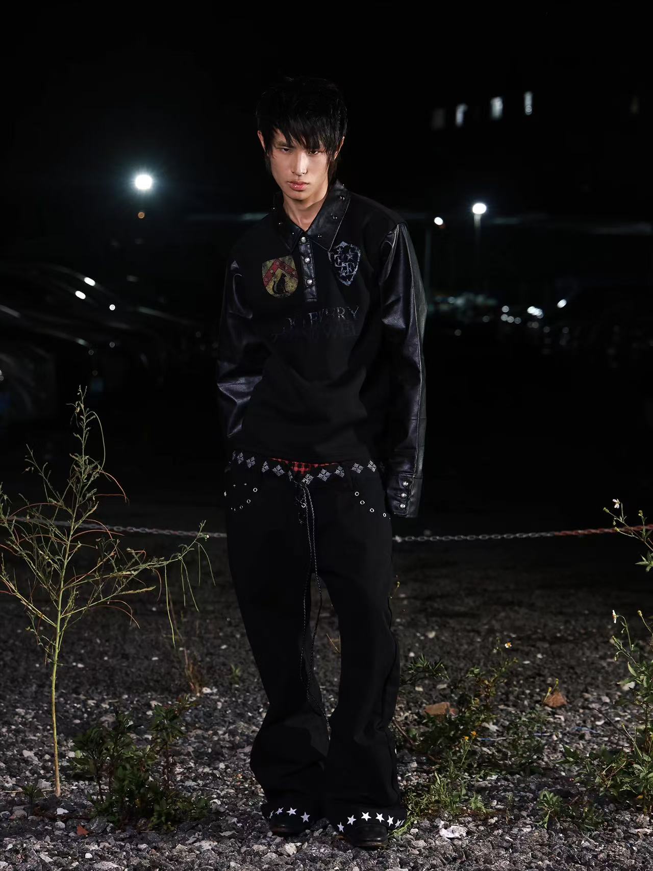 DETWONLINE™Y2K Punk Red Star Badge Leather Sleeve Oversized Polo Shirt