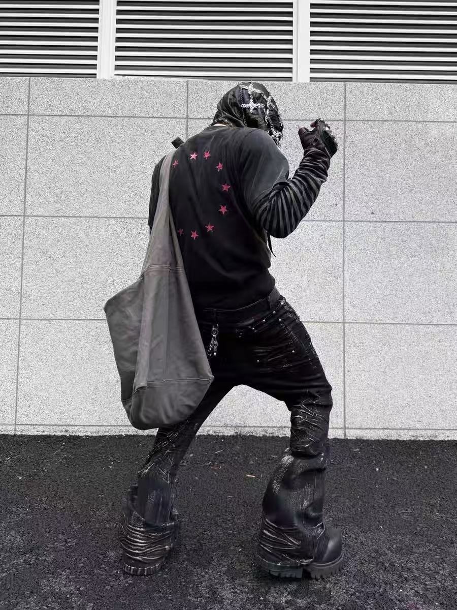 Dark Pleated Gold Foil Coated Jeans 