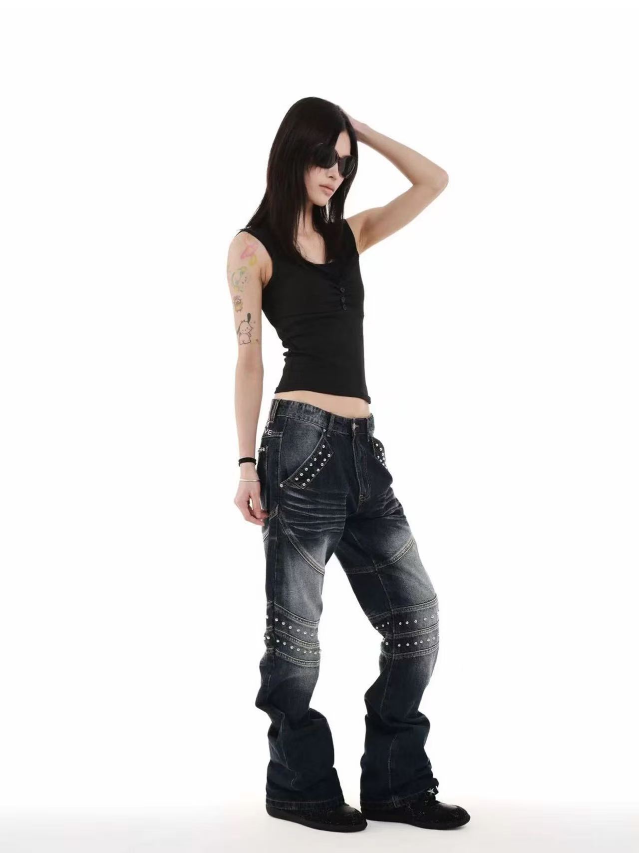 DETWONLINE™Biker Punk Rivet Vintage Washed Flared Jeans
