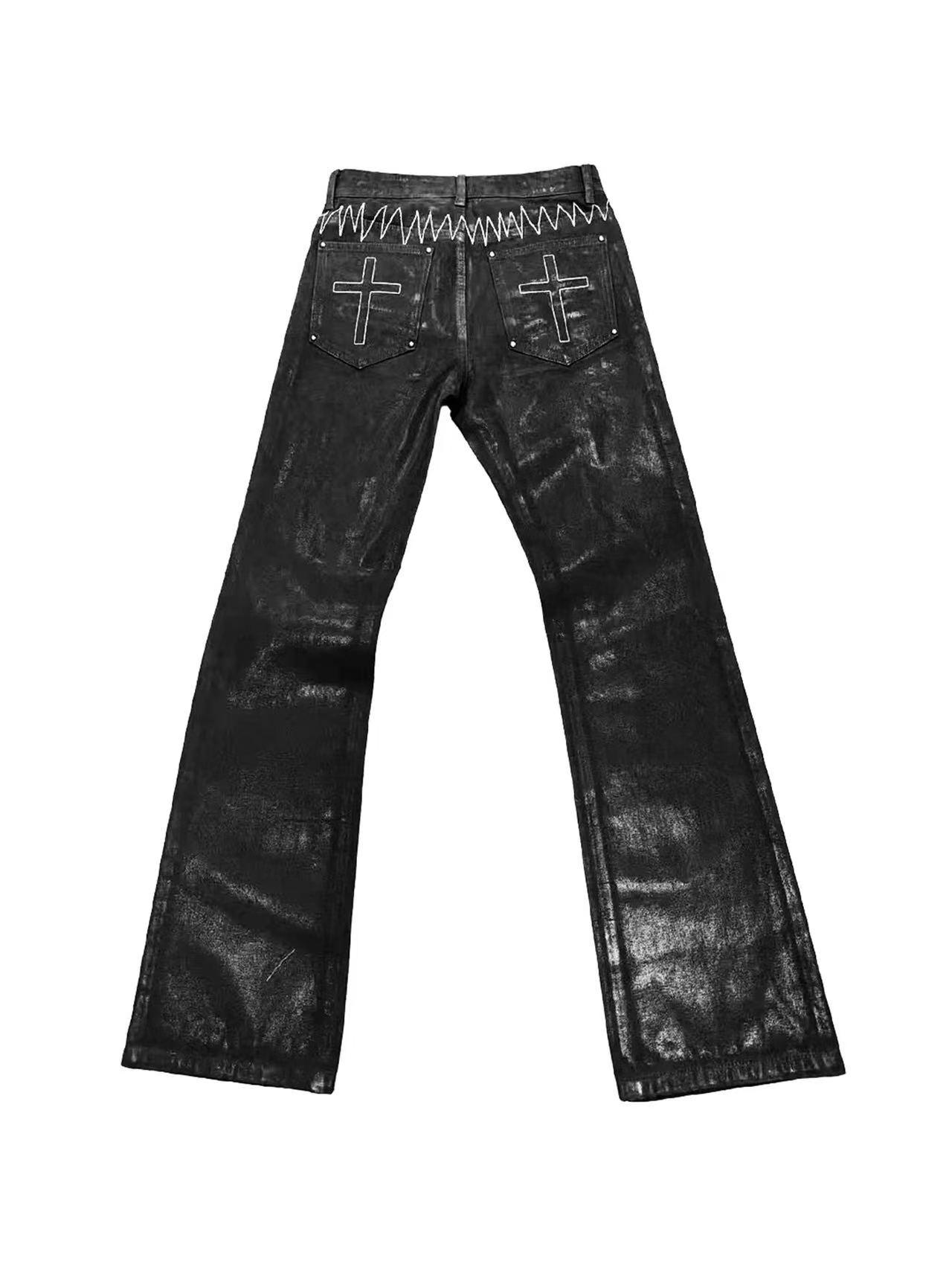 DETWONLINE™Dark Punk Distressed Wax Coated Cross Embroidery Flared Denim Pants