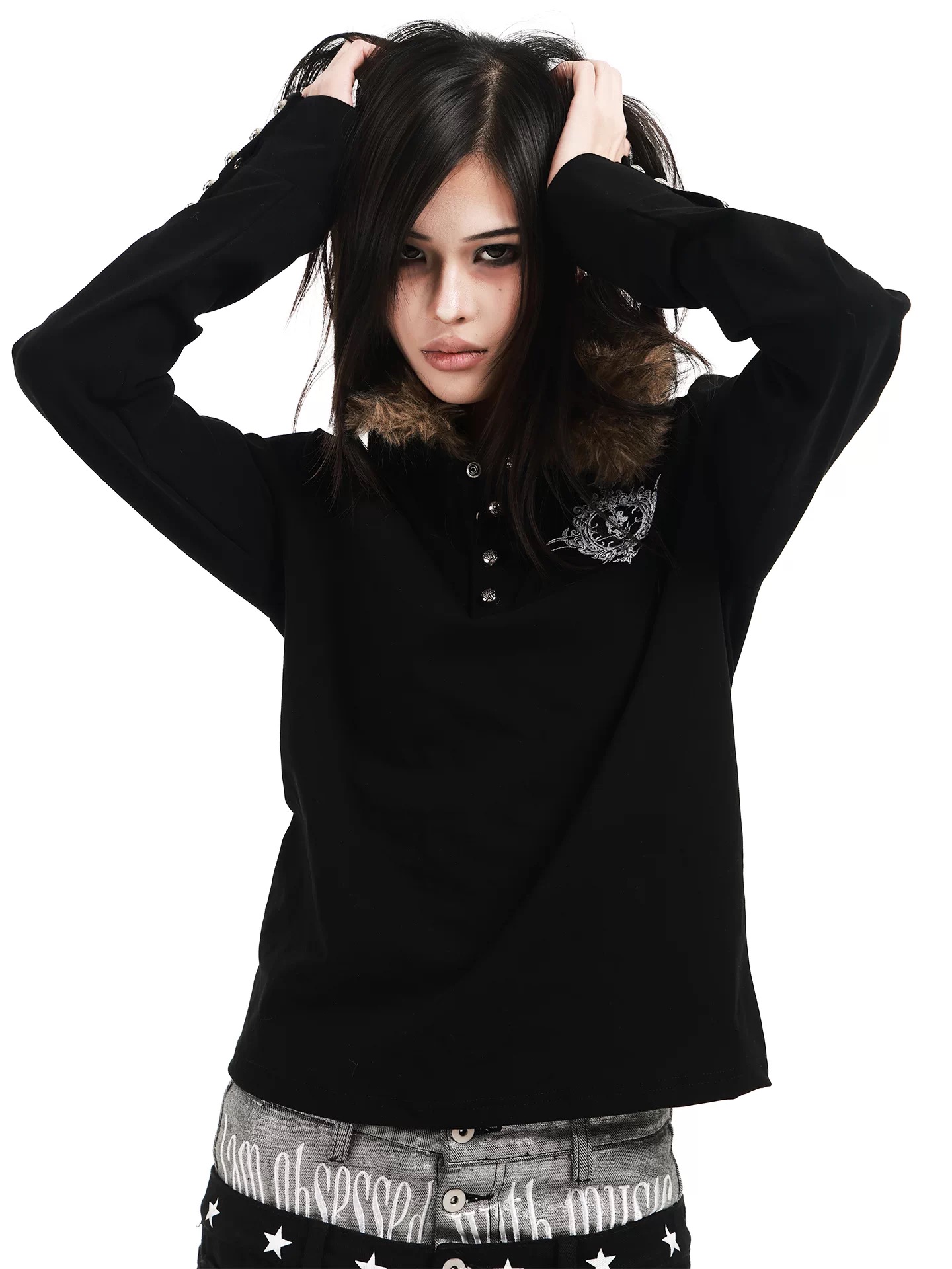 DETWONLINE™"Skull Brooch"Long‑Sleeve Polo Top