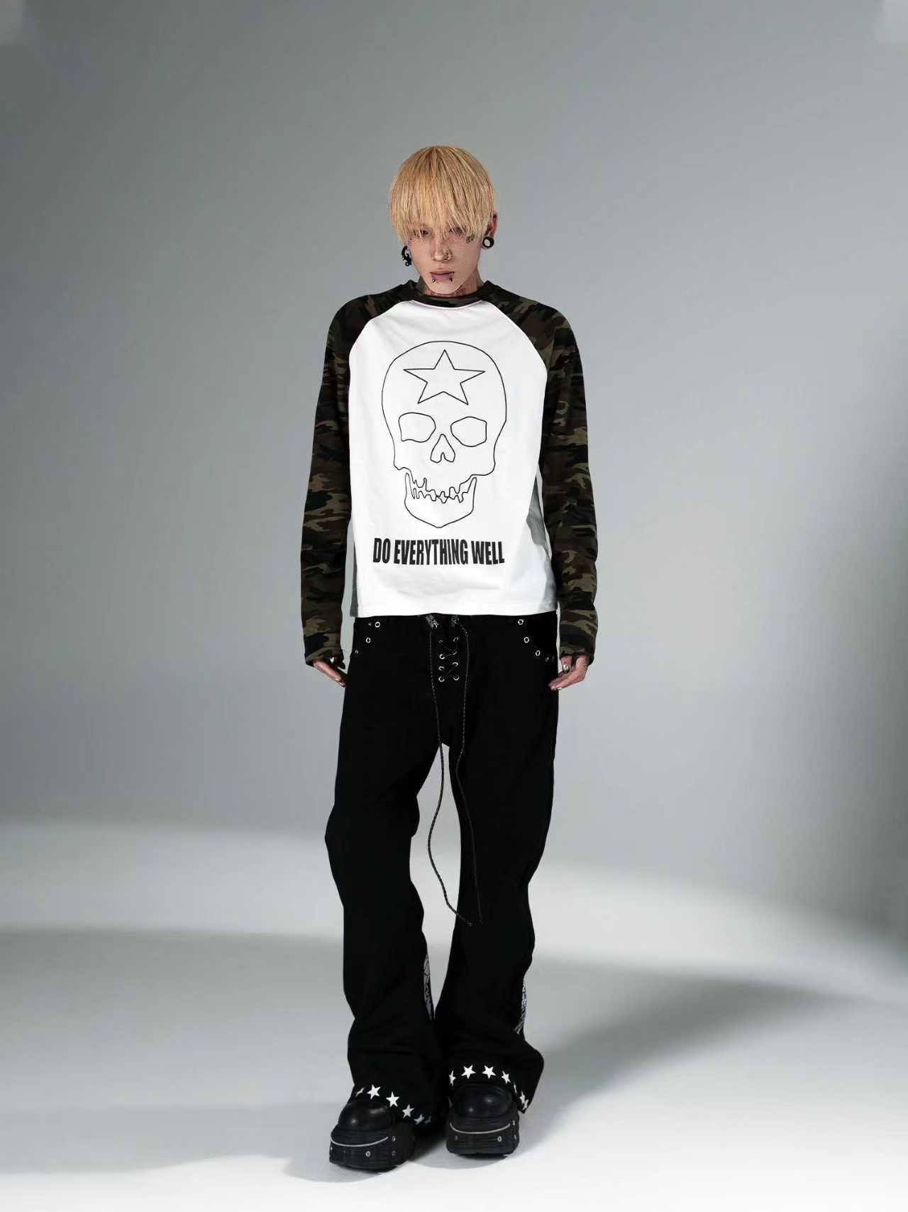 Skull Camouflage Raglan-Sleeve Top