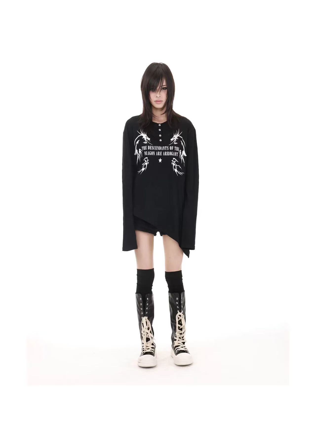 DETWONLINE™Y2K Dark Punk Metallic Dragon Print Asymmetric Henley Top